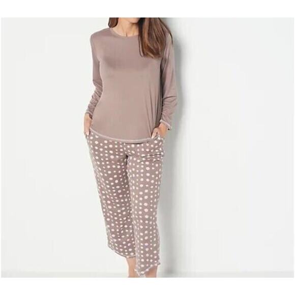 ANYBODY‎ NEW $54 Brushed Jersey Printed Sleep Set Smokey Taupe Dot XS - Picture 2 of 3